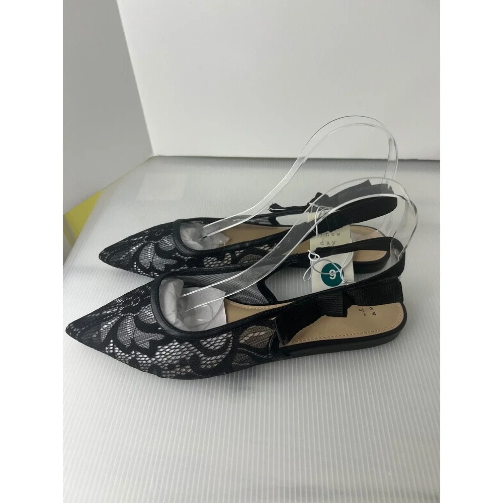 A New Day Womens Black Lace Slingback Flats Pointed Toe Bow Detail‎ Size 9 NWT